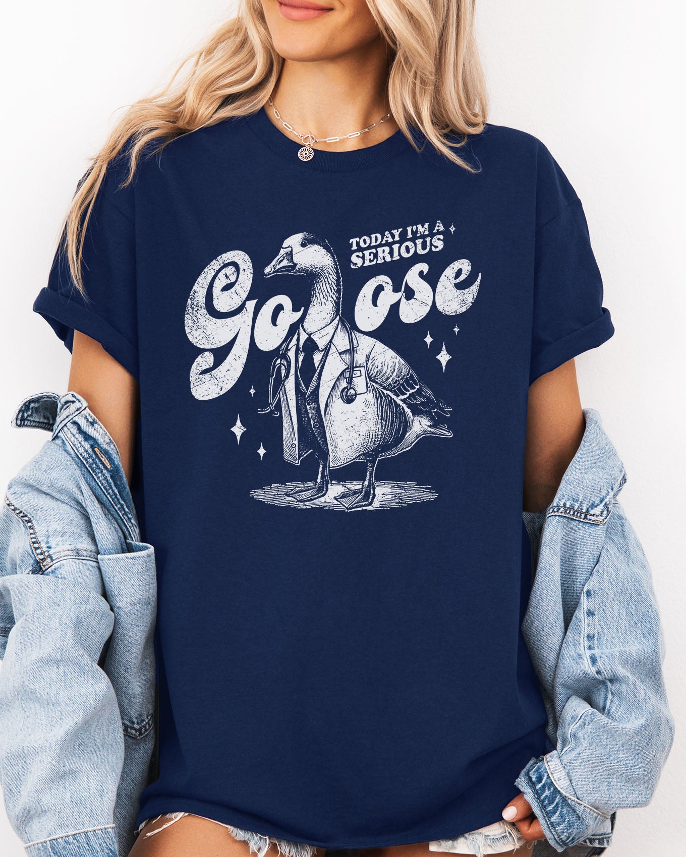 Today I'm A Serious Goose Shirt in navy blue color with a funny retro goose graphic on front