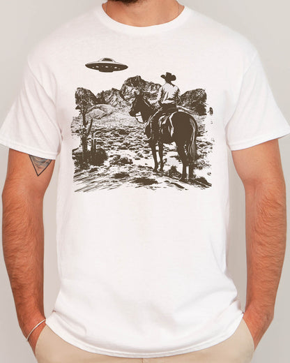 Man wearing a retro UFO Western graphic shirt in white color