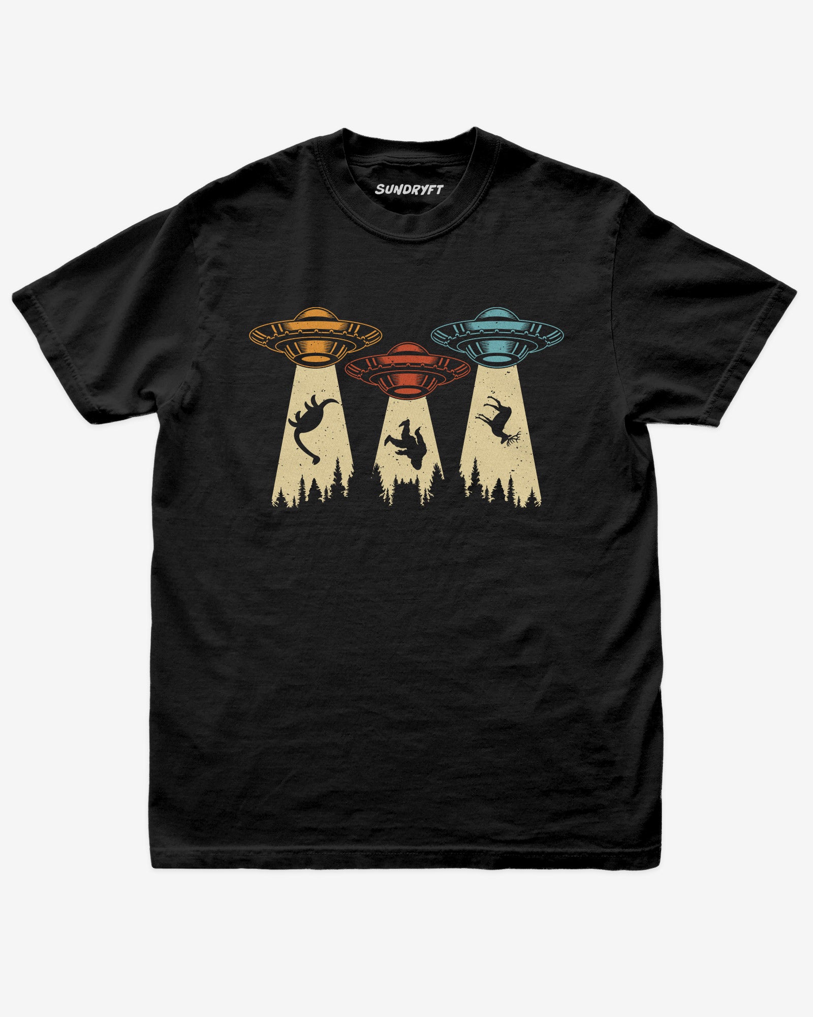 Black “UFOs Beaming Up Dinosaur, Bigfoot & Deer” funny retro alien abduction shirt flat lay.