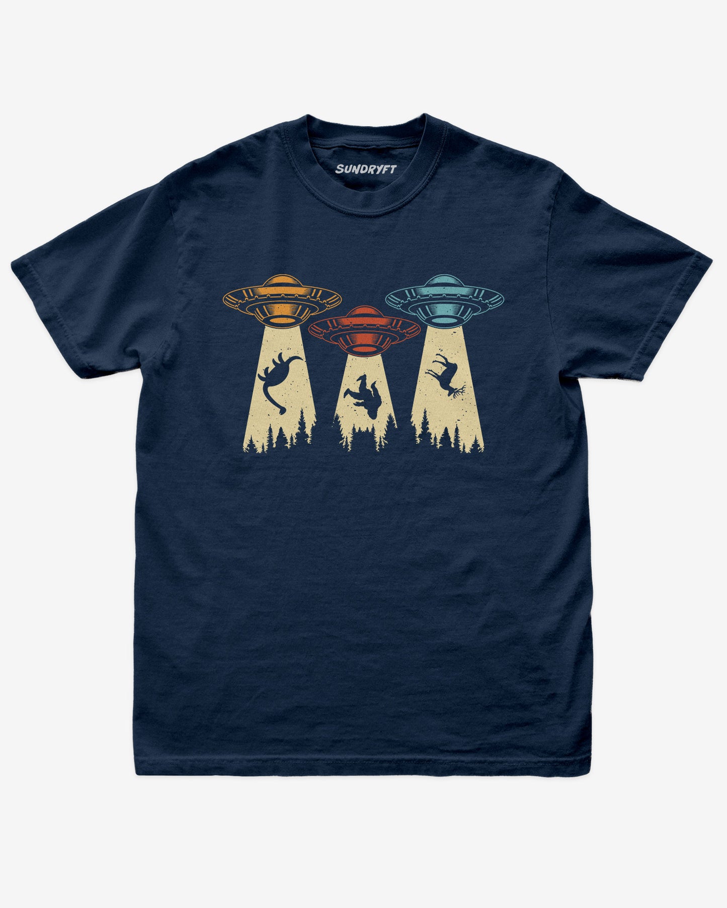 True Navy “UFOs Beaming Up Dinosaur, Bigfoot & Deer” funny retro alien abduction shirt flat lay.