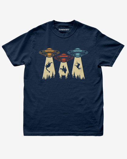 True Navy “UFOs Beaming Up Dinosaur, Bigfoot & Deer” funny retro alien abduction shirt flat lay.