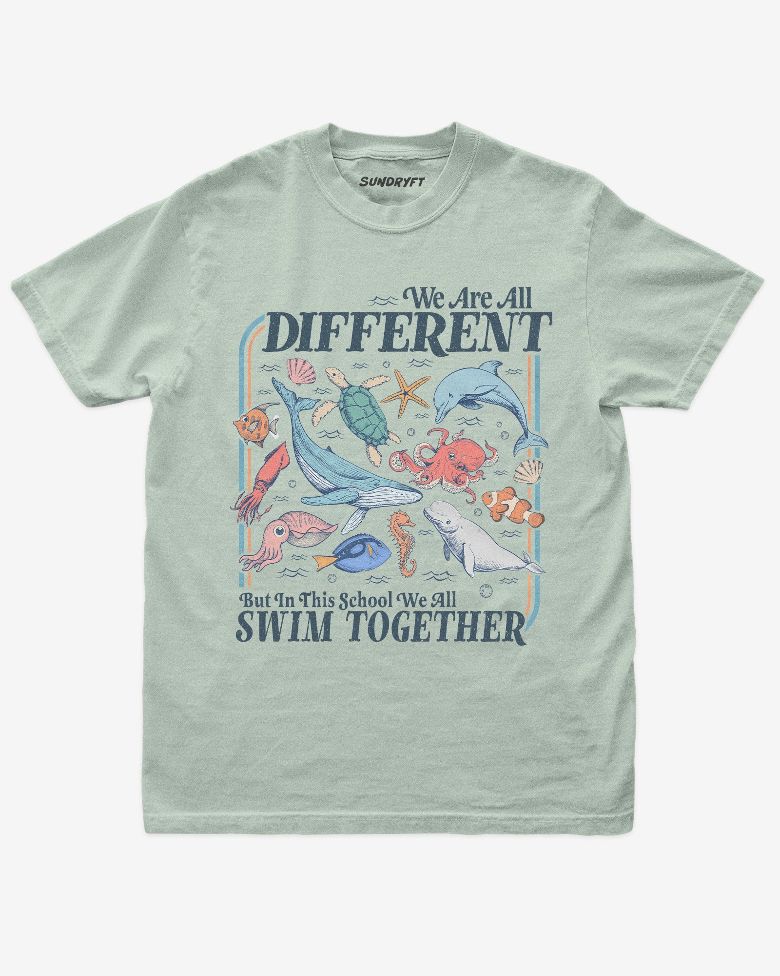 Flat lay of bay We Are All Different But In This School We All Swim Together Shirt with cute retro ocean animal design