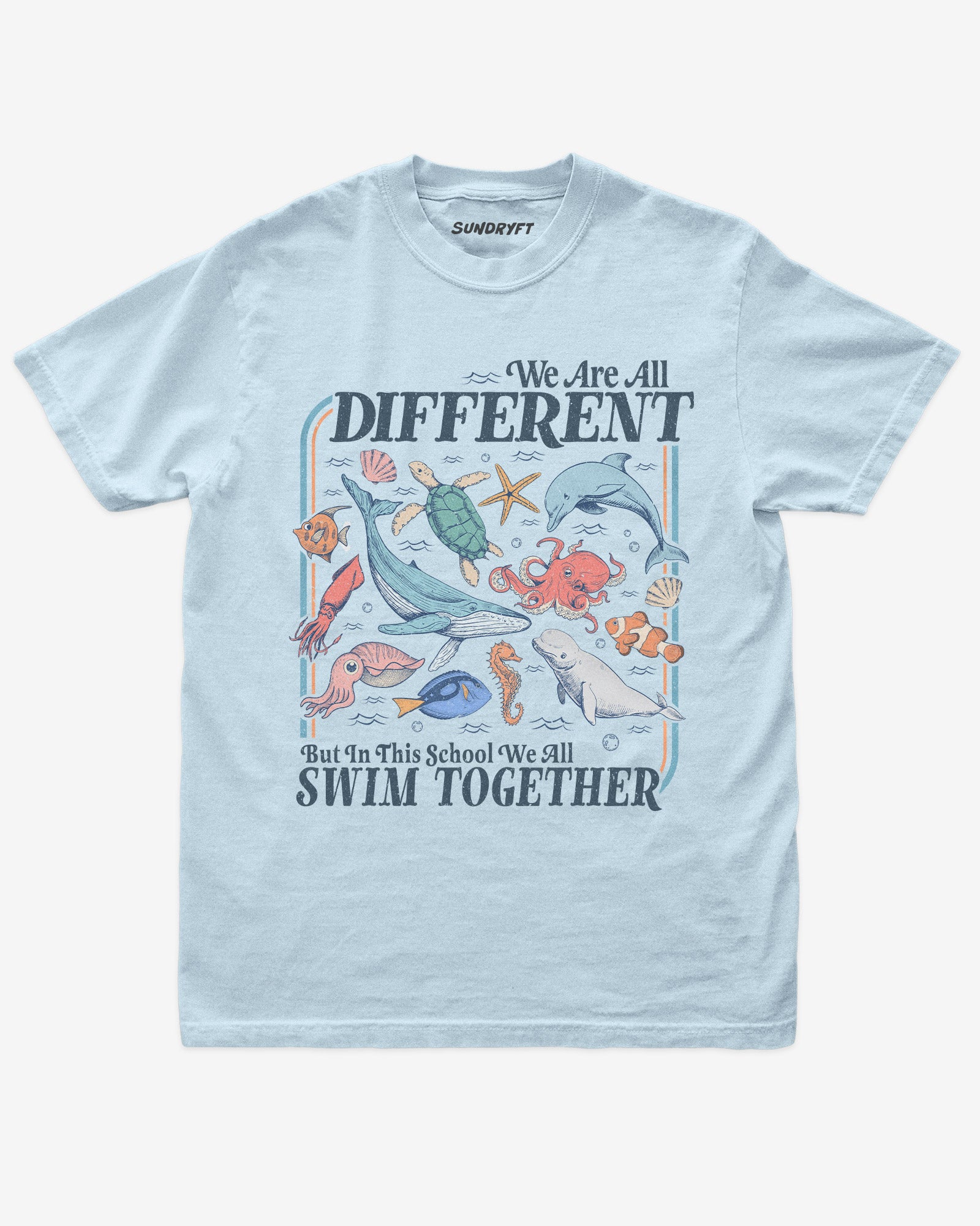 Flat lay of chambray We Are All Different But In This School We All Swim Together Shirt with cute retro ocean animal design