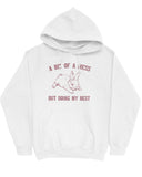 Flat lay of a white hoodie featuring the phrase 'A Bit Of A Mess But Doing My Best' with a retro bunny line art graphic.