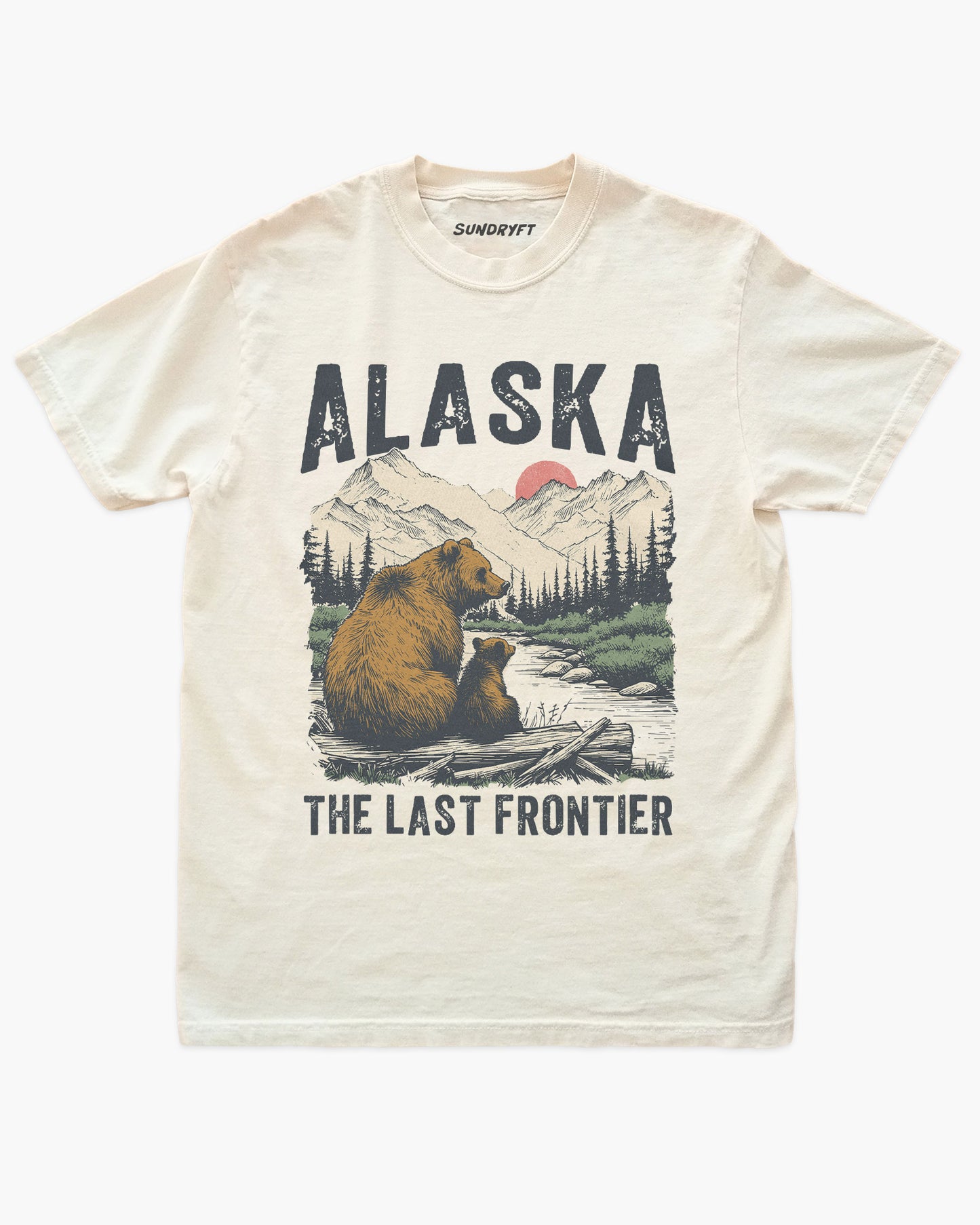 Alaska The Last Frontier shirt in ivory with grizzly bear and nature graphic
