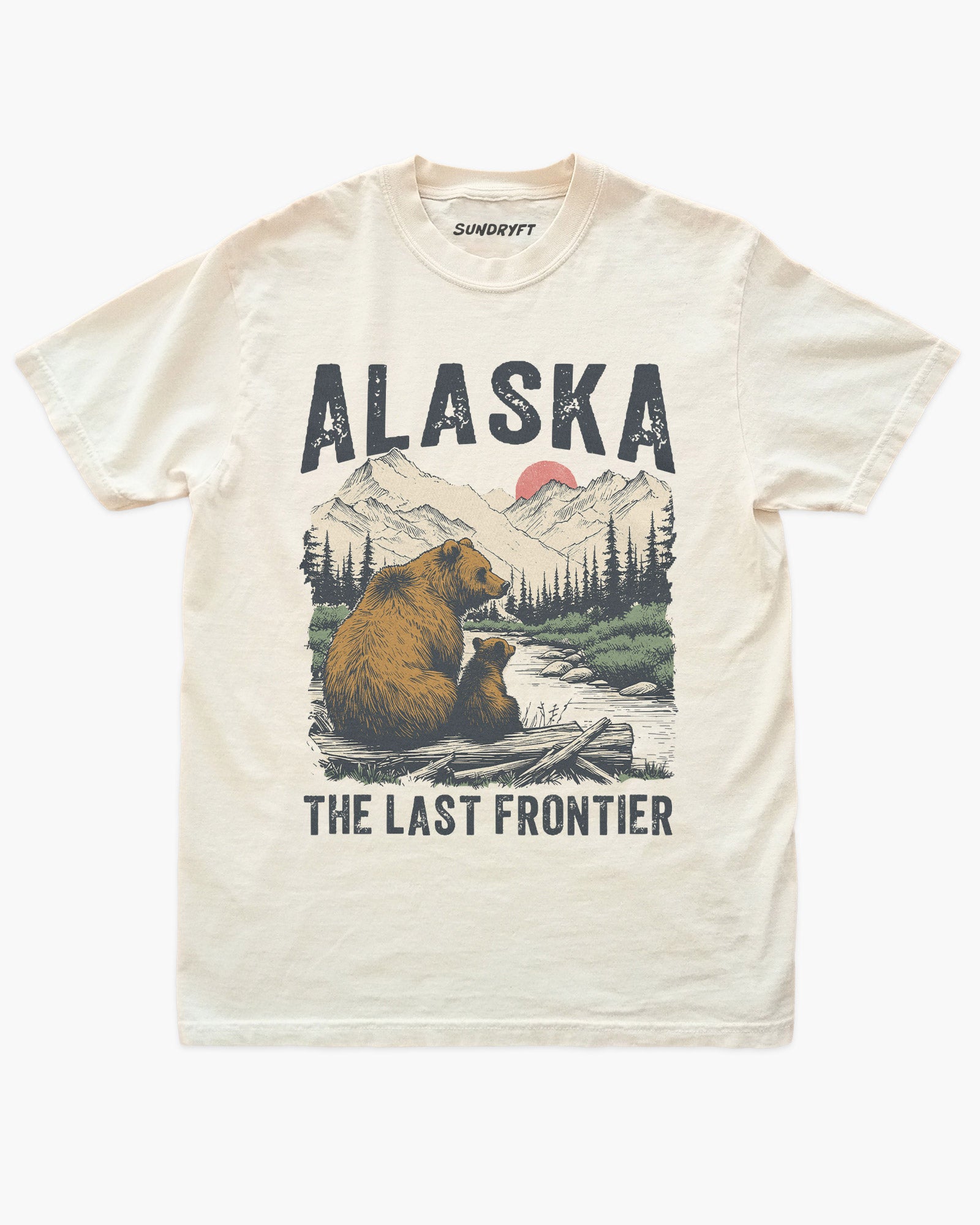 Alaska The Last Frontier shirt in ivory with grizzly bear and nature graphic