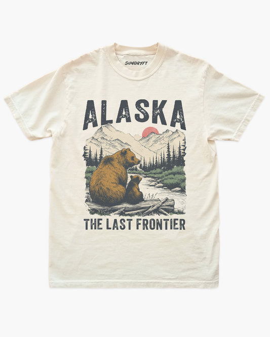 Alaska The Last Frontier shirt in ivory with grizzly bear and nature graphic