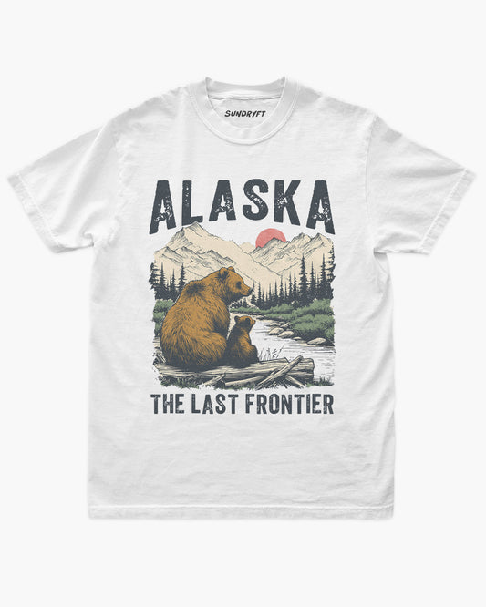 Alaska The Last Frontier shirt in white with grizzly bear and nature graphic