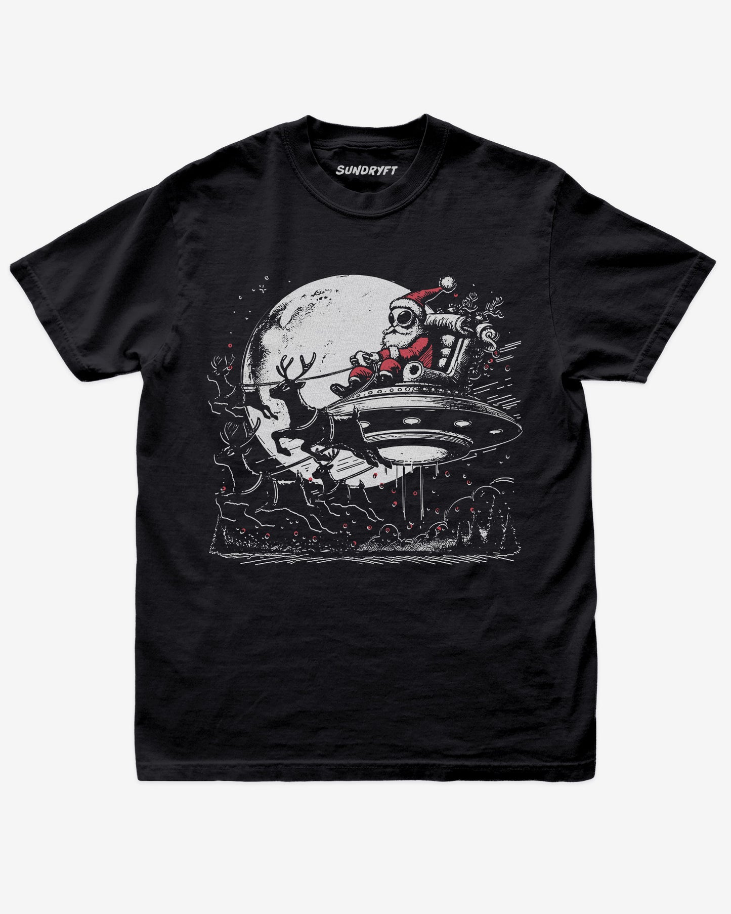 Alien Santa shirt black unisex funny Christmas tee with sleigh and reindeer