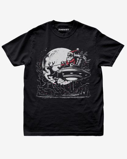Alien Santa shirt black unisex funny Christmas tee with sleigh and reindeer