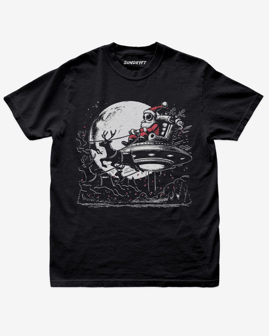 Alien Santa shirt black unisex funny Christmas tee with sleigh and reindeer