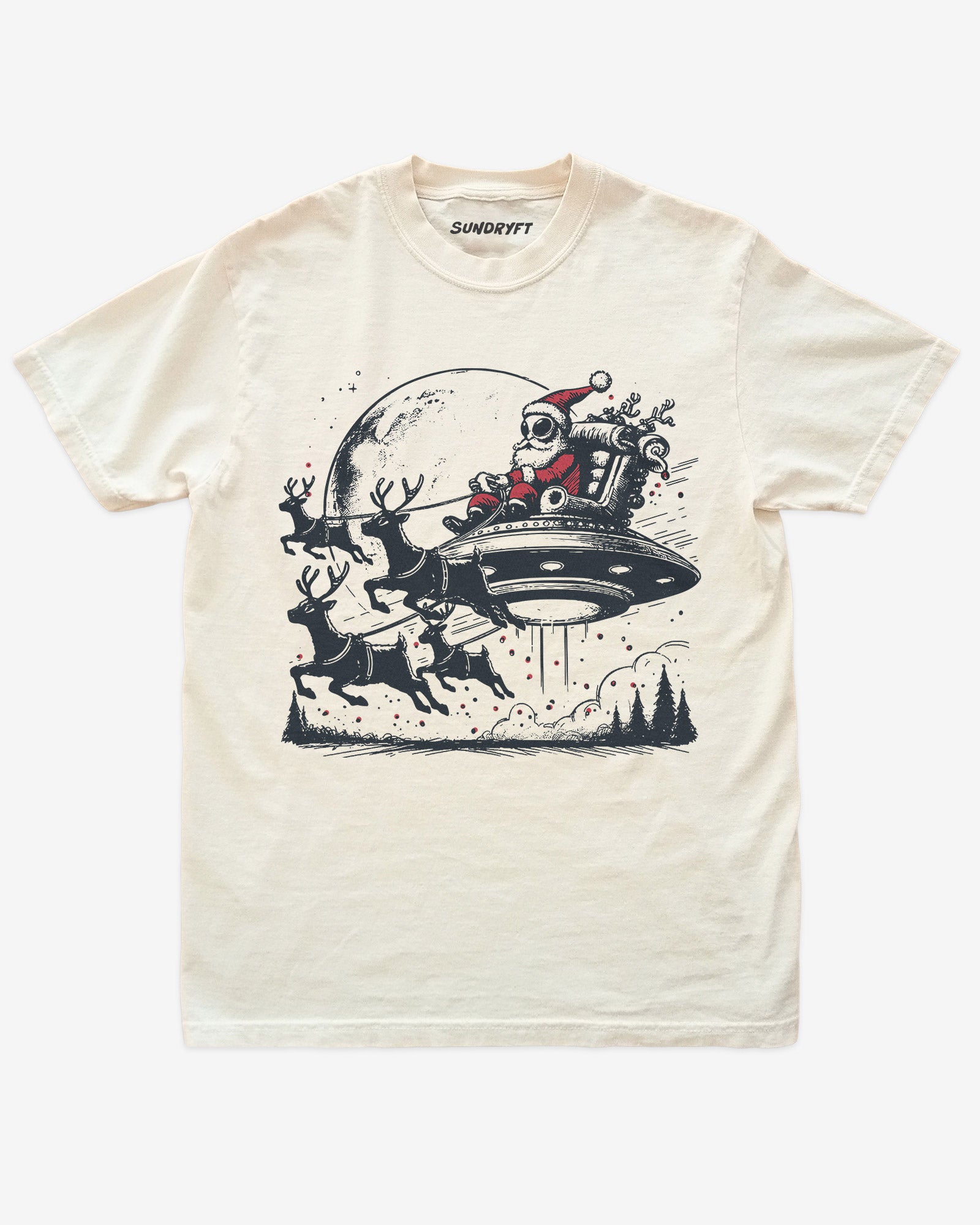 Alien Santa shirt ivory unisex funny Christmas tee with sleigh and reindeer