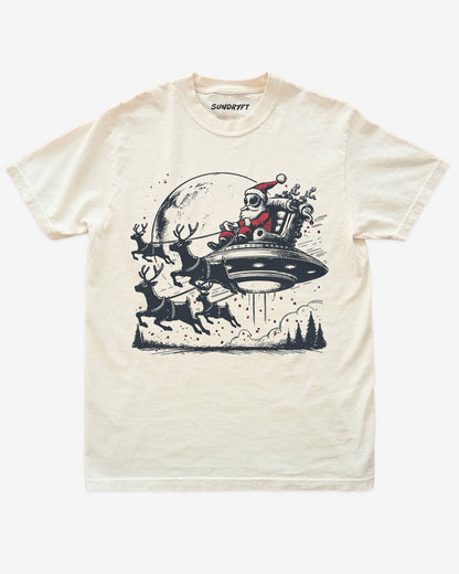 Alien Santa shirt ivory unisex funny Christmas tee with sleigh and reindeer