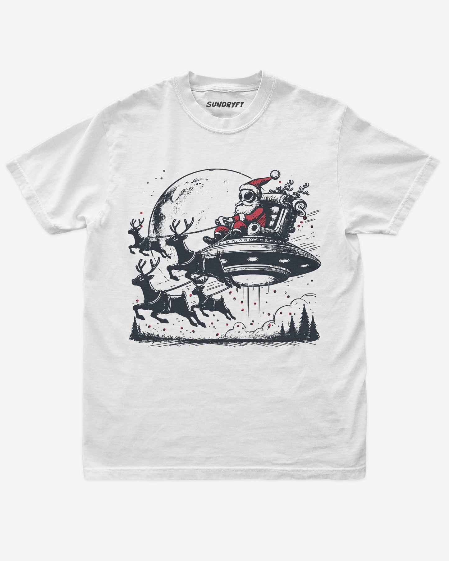 Alien Santa shirt white unisex funny Christmas tee with sleigh and reindeer