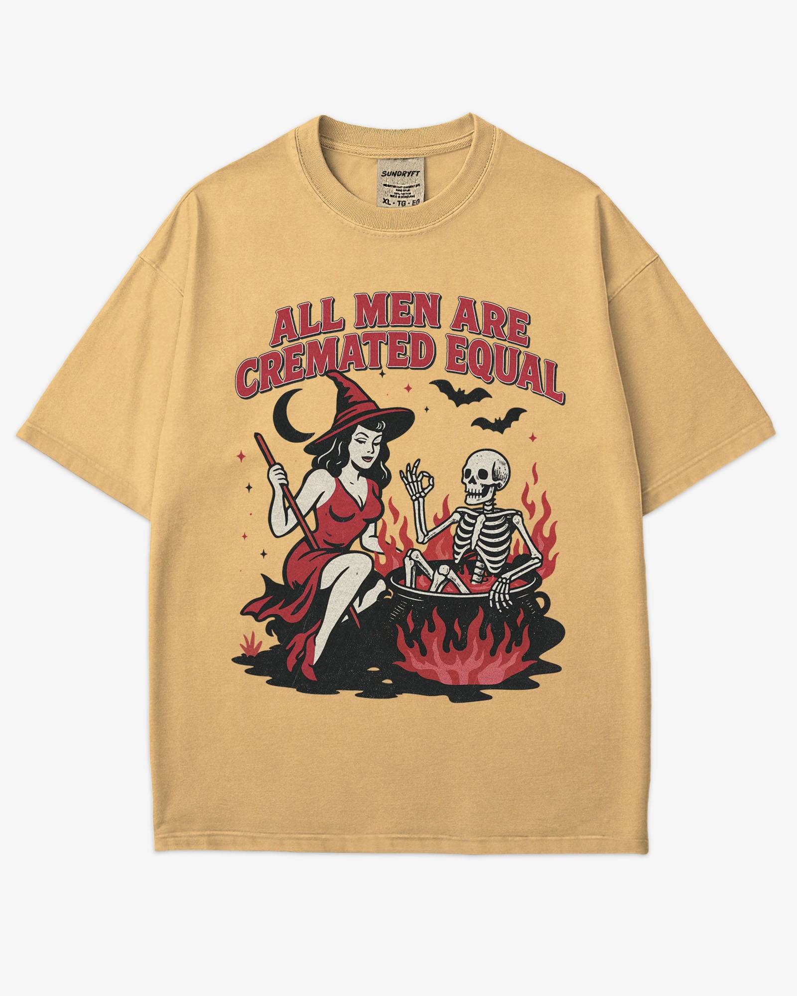 Flat lay mustard “All Men Are Cremated Equal” shirt with a retro Halloween graphic of a witch stirring a skeleton in a cauldron.