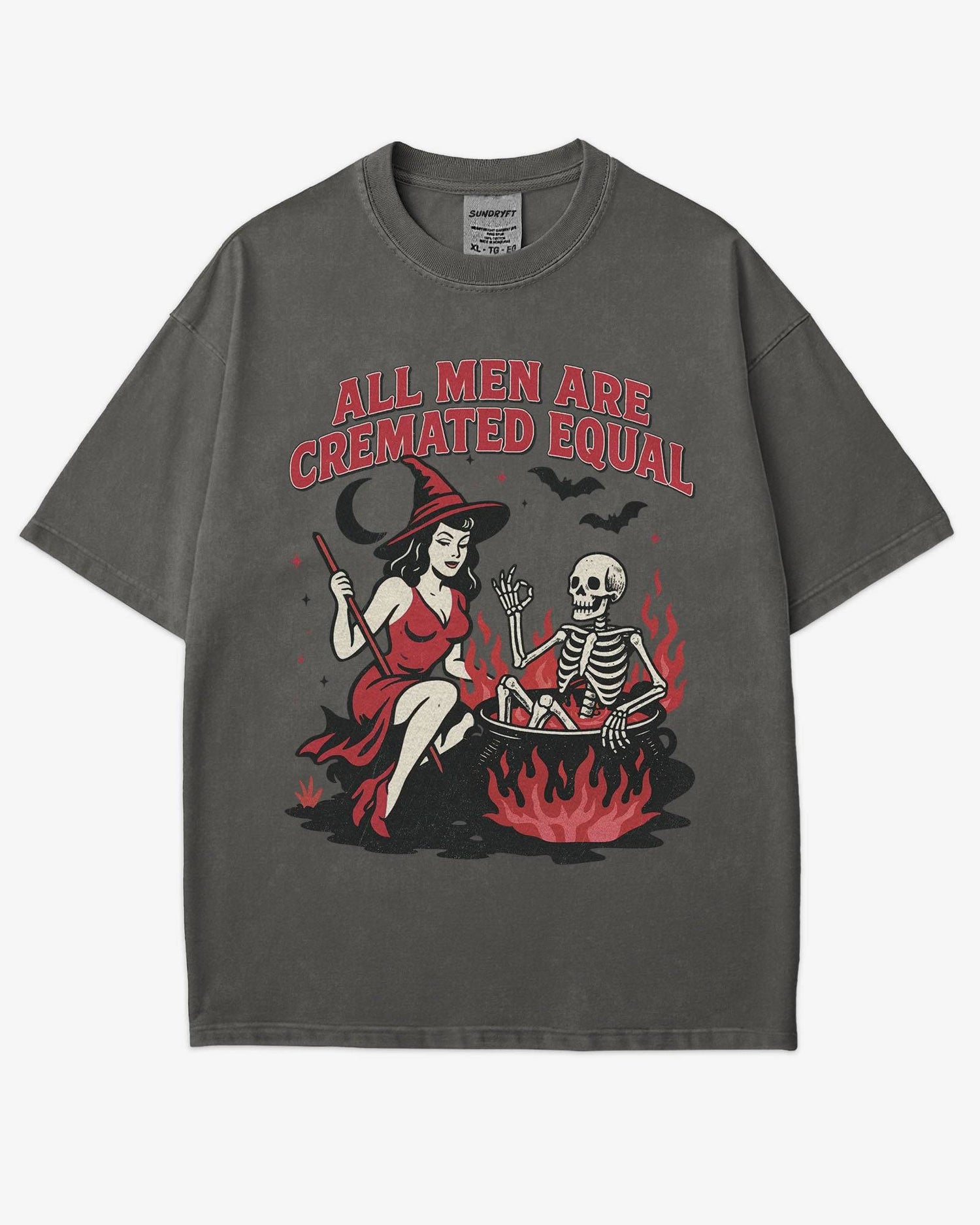 Flat lay pepper “All Men Are Cremated Equal” shirt with a retro Halloween graphic of a witch stirring a skeleton in a cauldron.