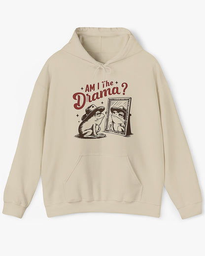 Flat lay sand beige 'Am I The Drama?' Hoodie with funny retro cowboy frog looking himself in the mirror graphic