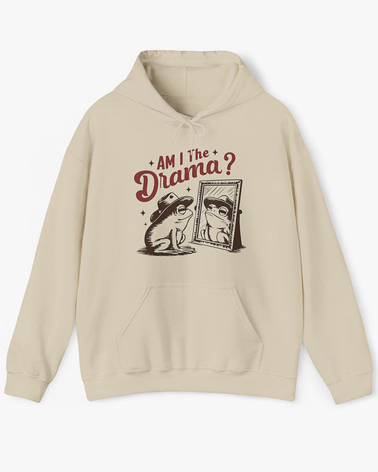 Flat lay sand beige 'Am I The Drama?' Hoodie with funny retro cowboy frog looking himself in the mirror graphic