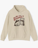 Flat lay sand beige 'Am I The Drama?' Hoodie with funny retro cowboy frog looking himself in the mirror graphic