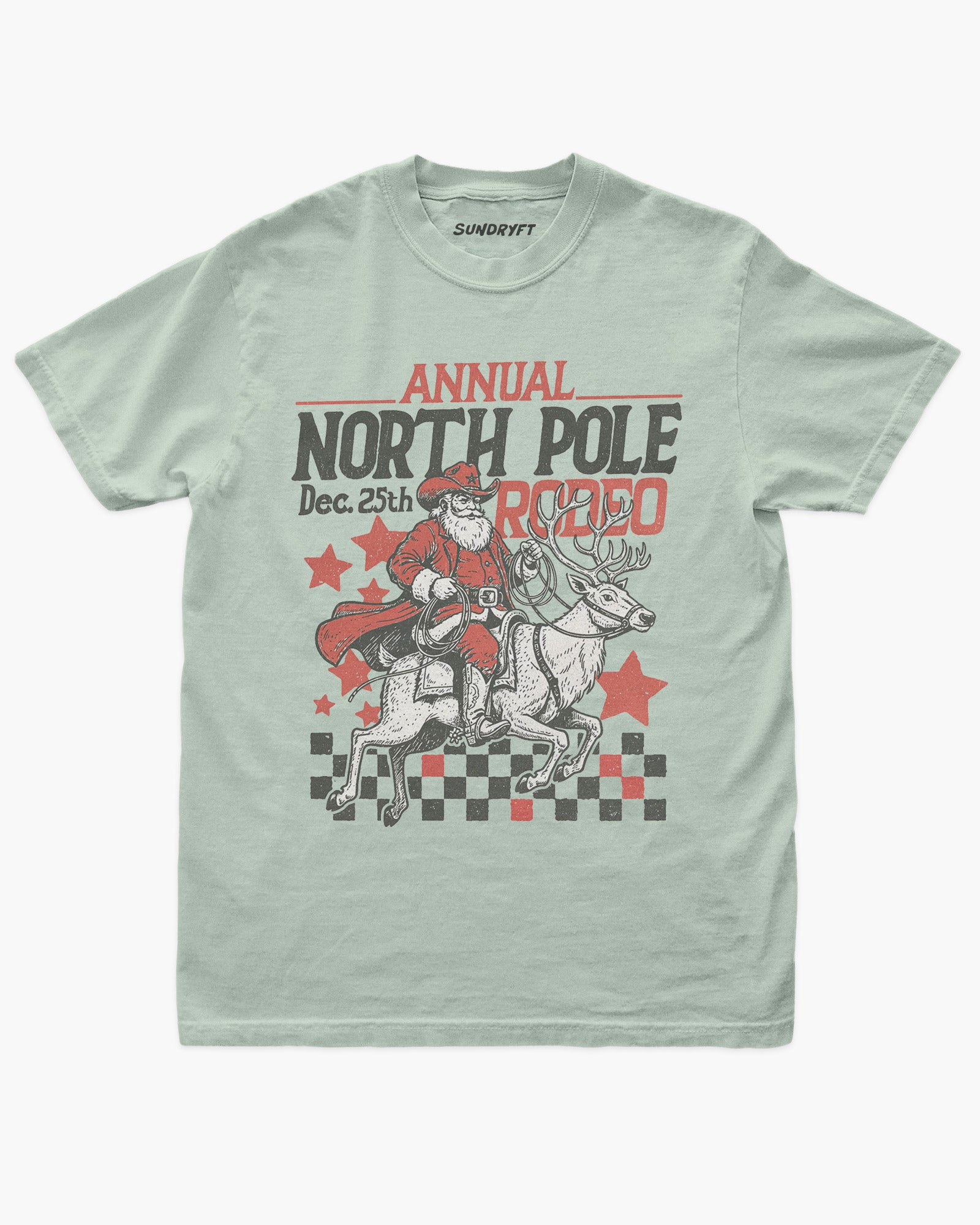 Annual North Pole Rodeo shirt in bay with cowboy Santa riding reindeer graphic