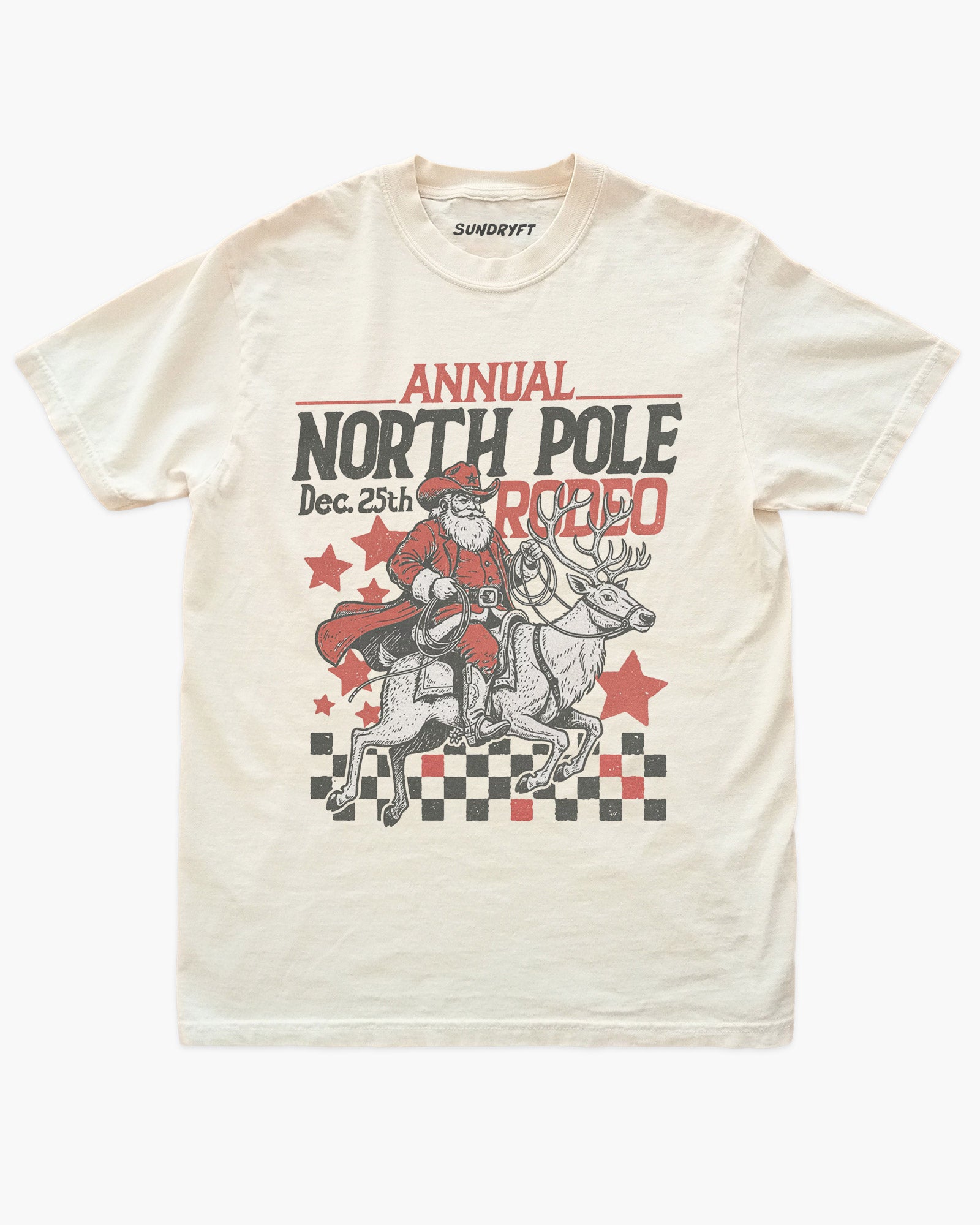 Annual North Pole Rodeo shirt in ivory with cowboy Santa riding reindeer graphic