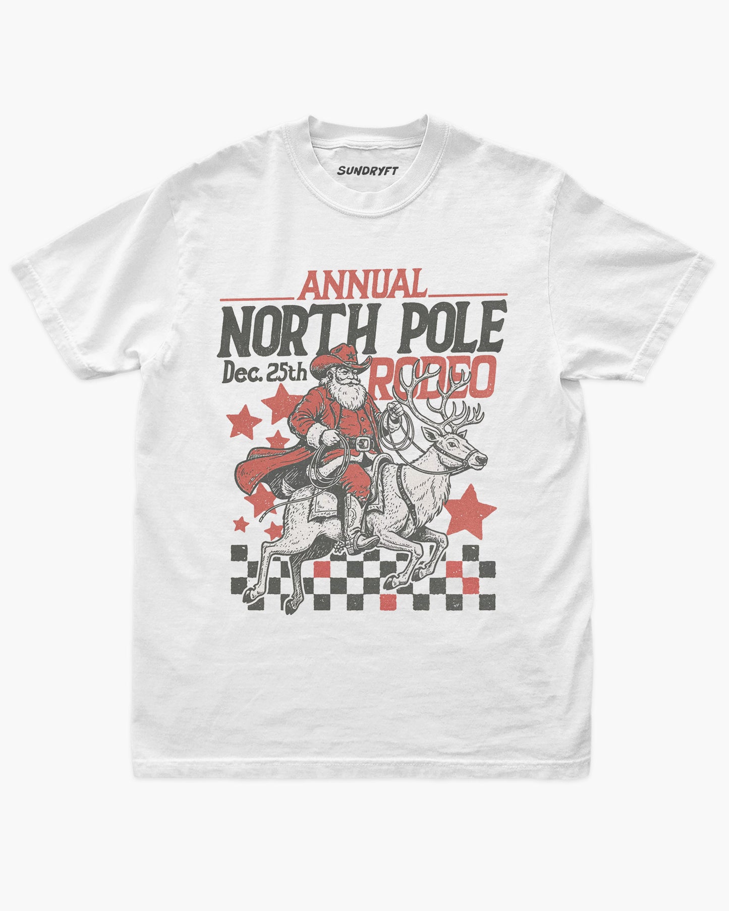 Annual North Pole Rodeo shirt in white with cowboy Santa riding reindeer graphic