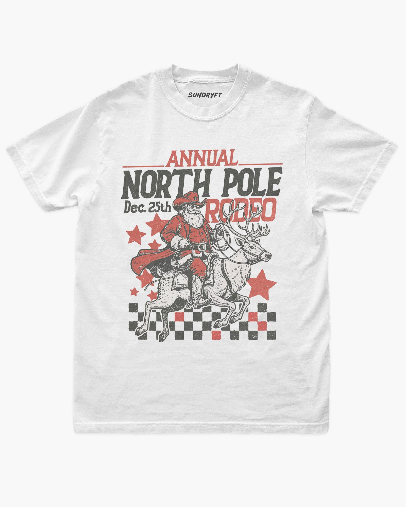 Annual North Pole Rodeo shirt in white with cowboy Santa riding reindeer graphic