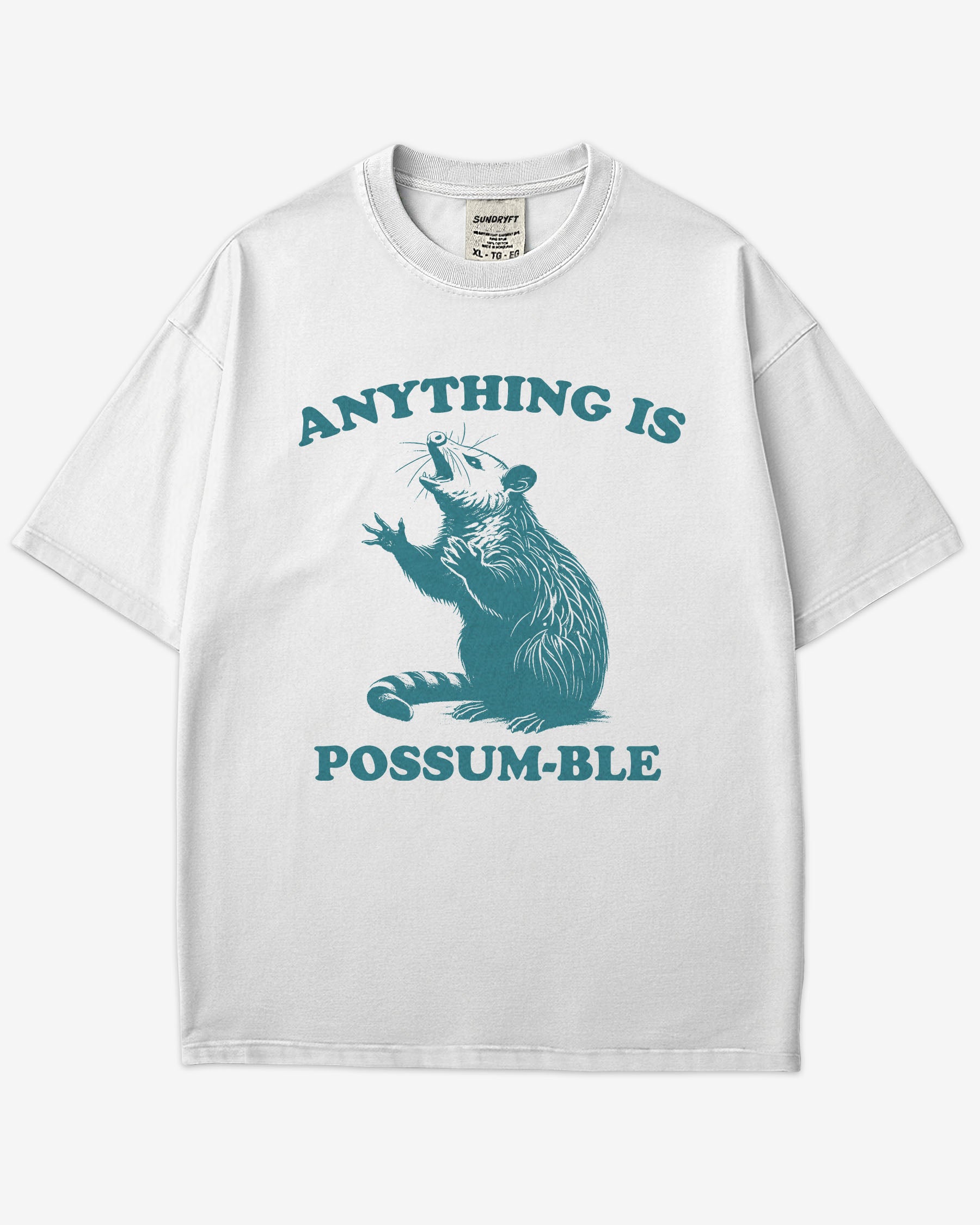 Flat lay white 'Anything Is Possum-ble' shirt with funny retro opossum graphic.