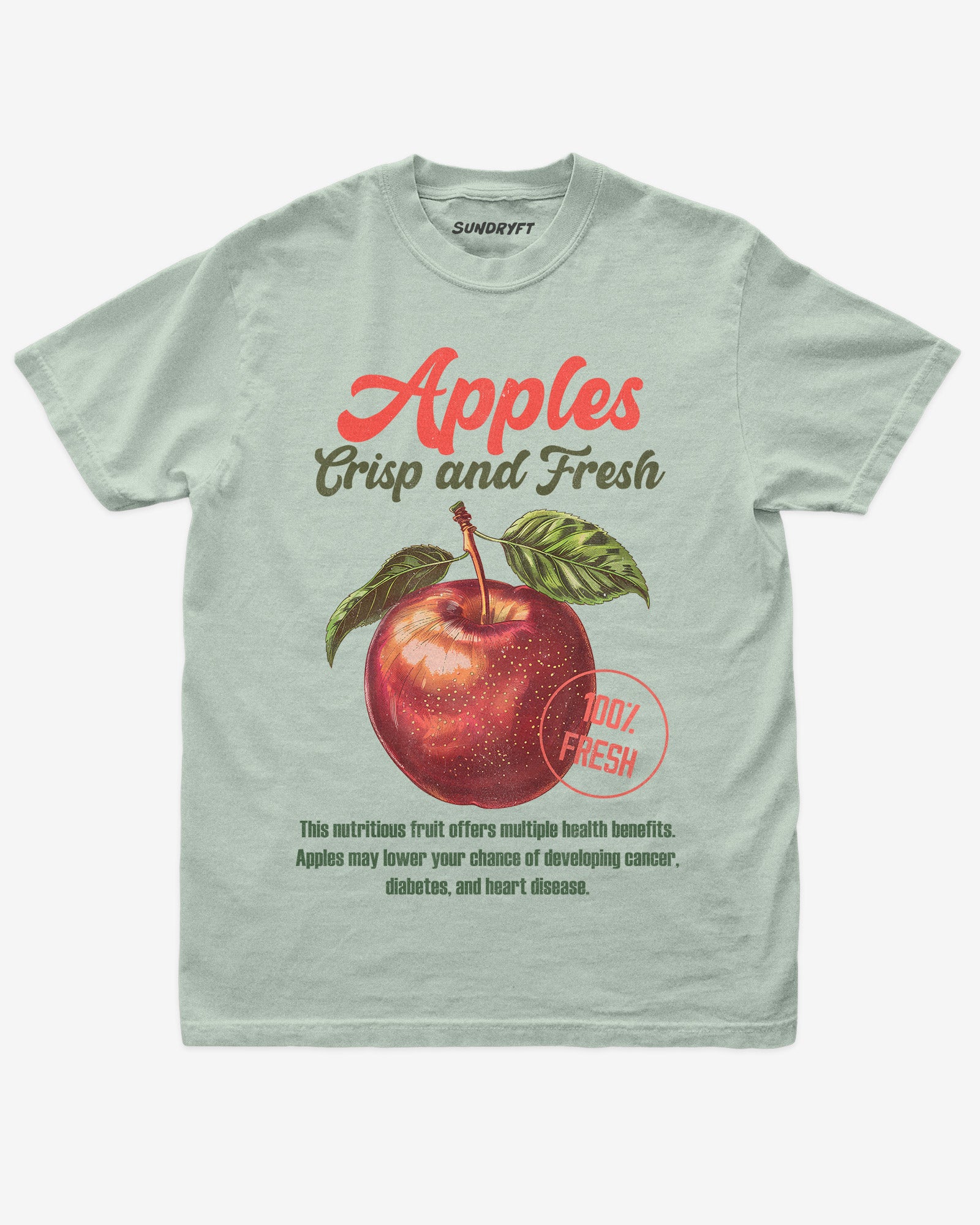 Flat lay of bay Apples Fruit Shirt, retro 90s vintage fruit graphic tee with crisp and fresh apple design