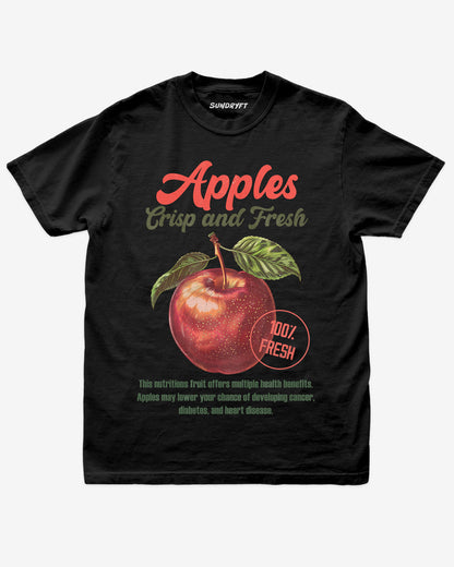 Flat lay of black Apples Fruit Shirt, retro 90s vintage fruit graphic tee with crisp and fresh apple design