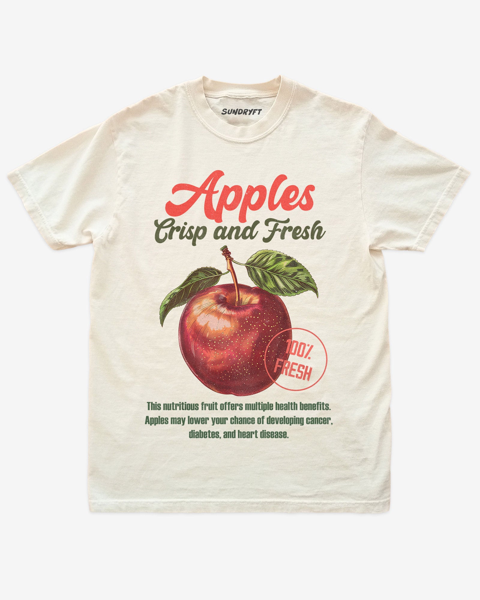 Flat lay of ivory Apples Fruit Shirt, retro 90s vintage fruit graphic tee with crisp and fresh apple design