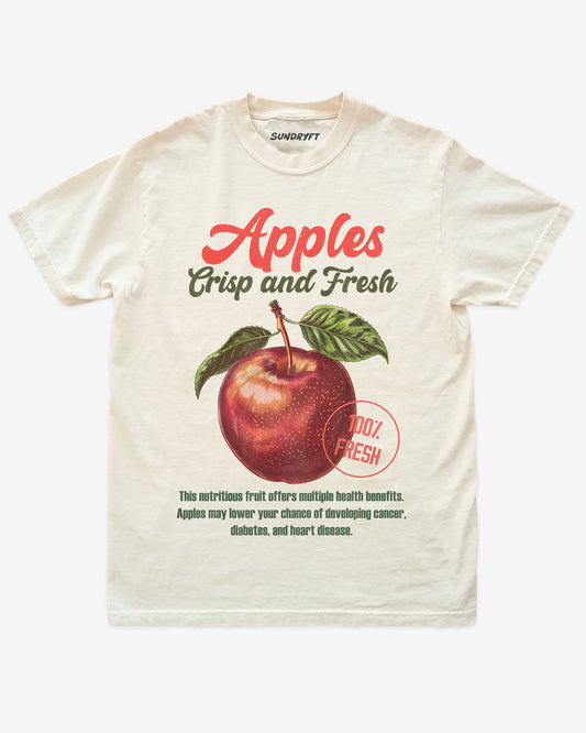 Flat lay of ivory Apples Fruit Shirt, retro 90s vintage fruit graphic tee with crisp and fresh apple design