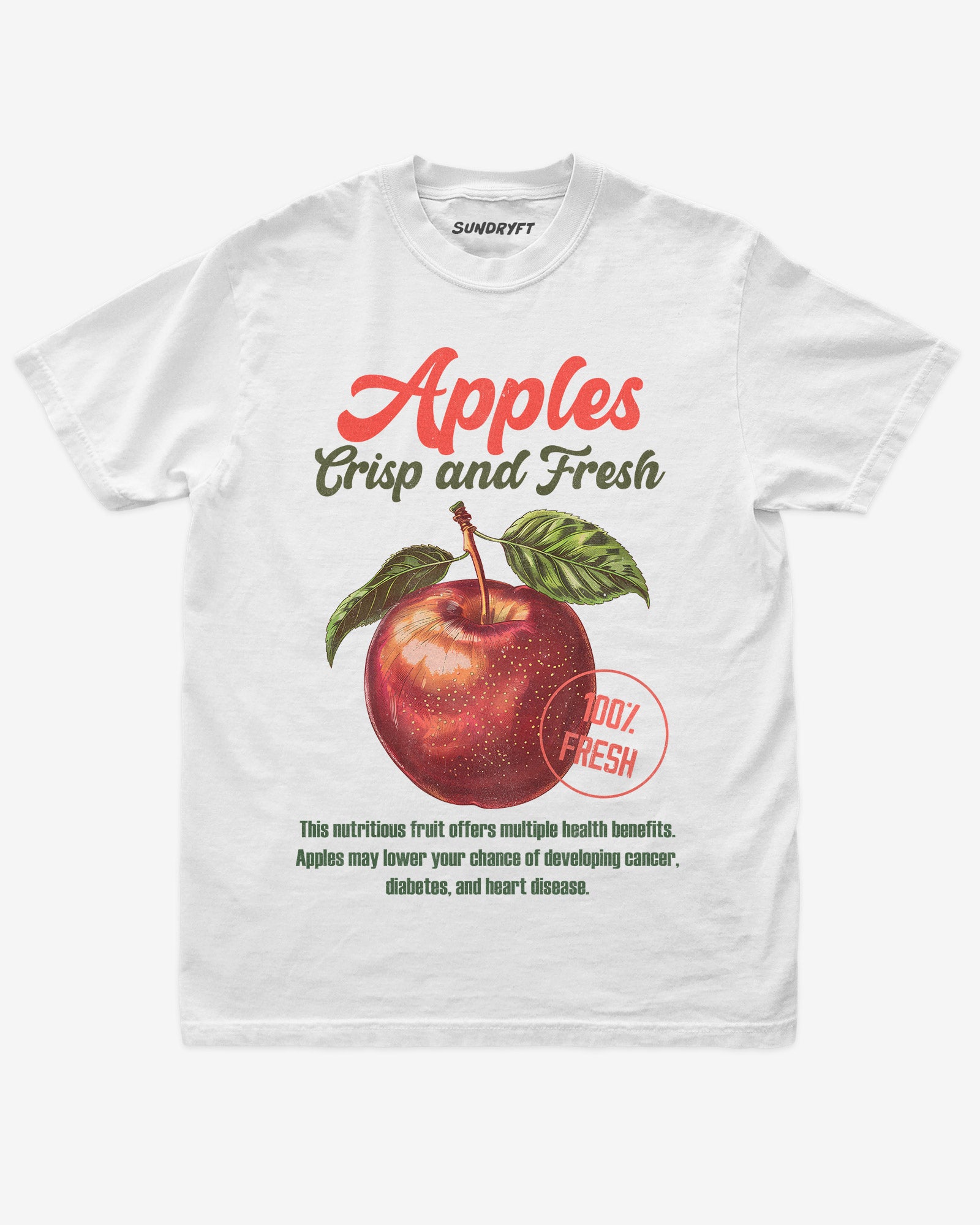 Flat lay of white Apples Fruit Shirt, retro 90s vintage fruit graphic tee with crisp and fresh apple design