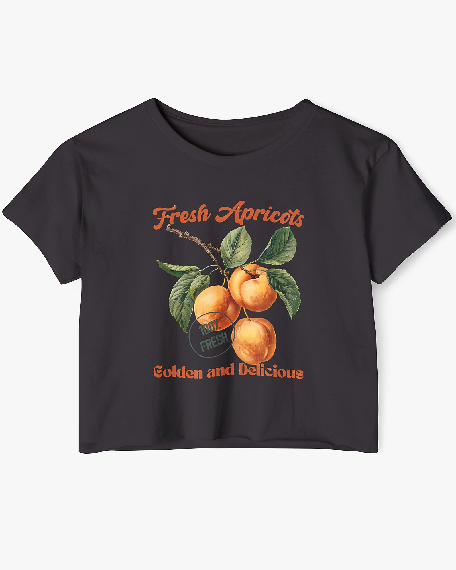 Flat-lay black crop top featuring a retro apricots fruit graphic in a vintage commercial style.