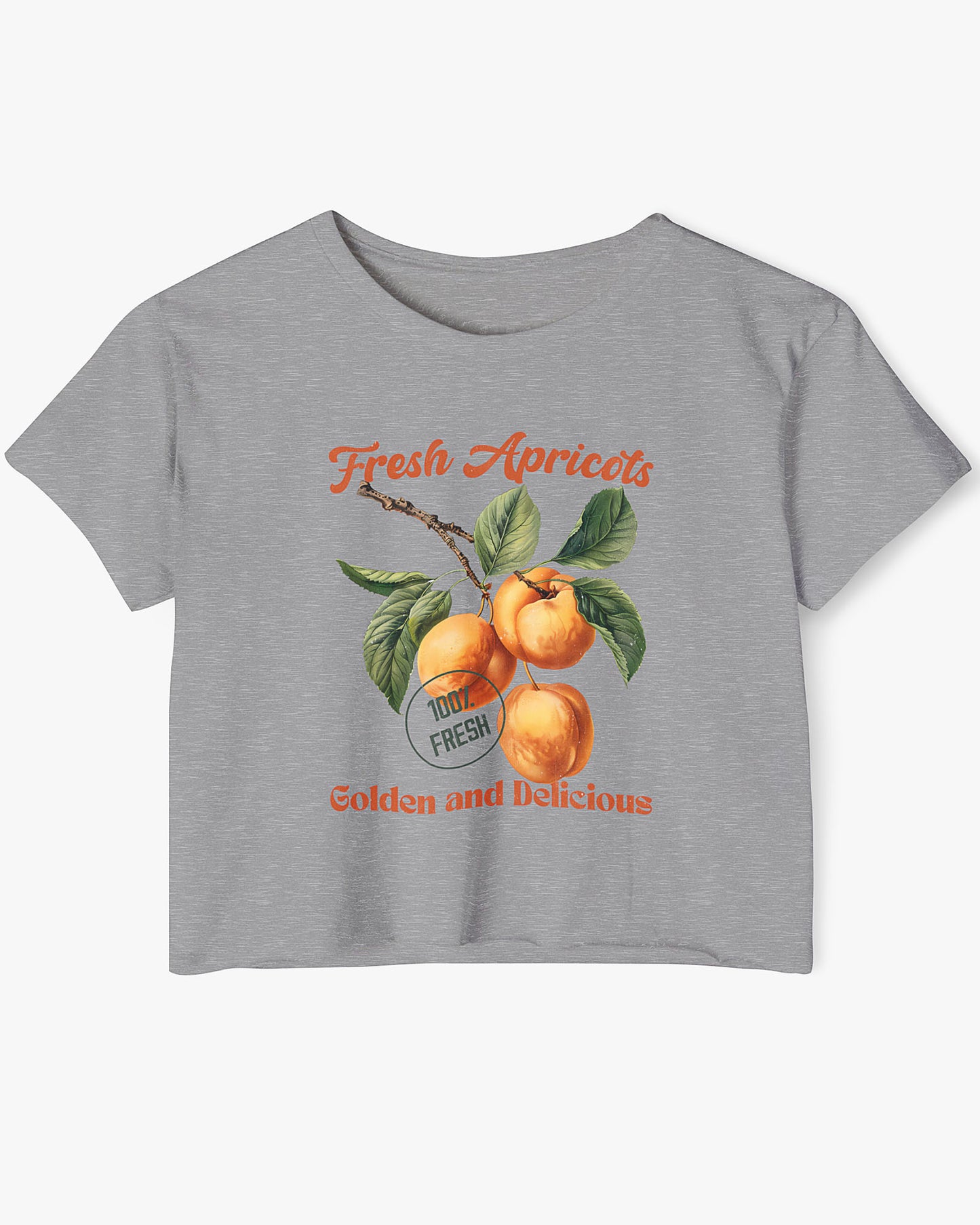 Flat-lay heather gray crop top featuring a retro apricots fruit graphic in a vintage commercial style.
