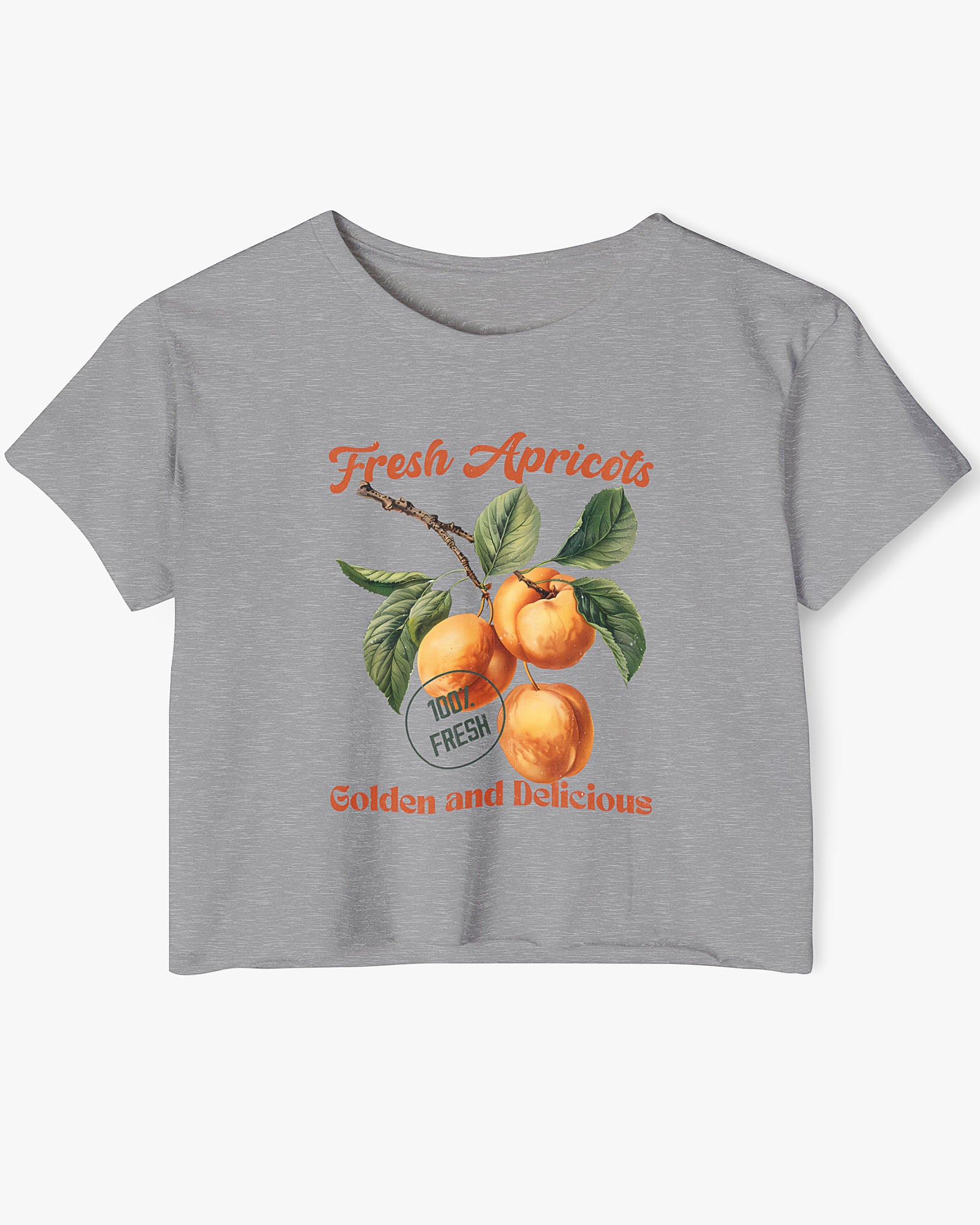 Flat-lay heather gray crop top featuring a retro apricots fruit graphic in a vintage commercial style.
