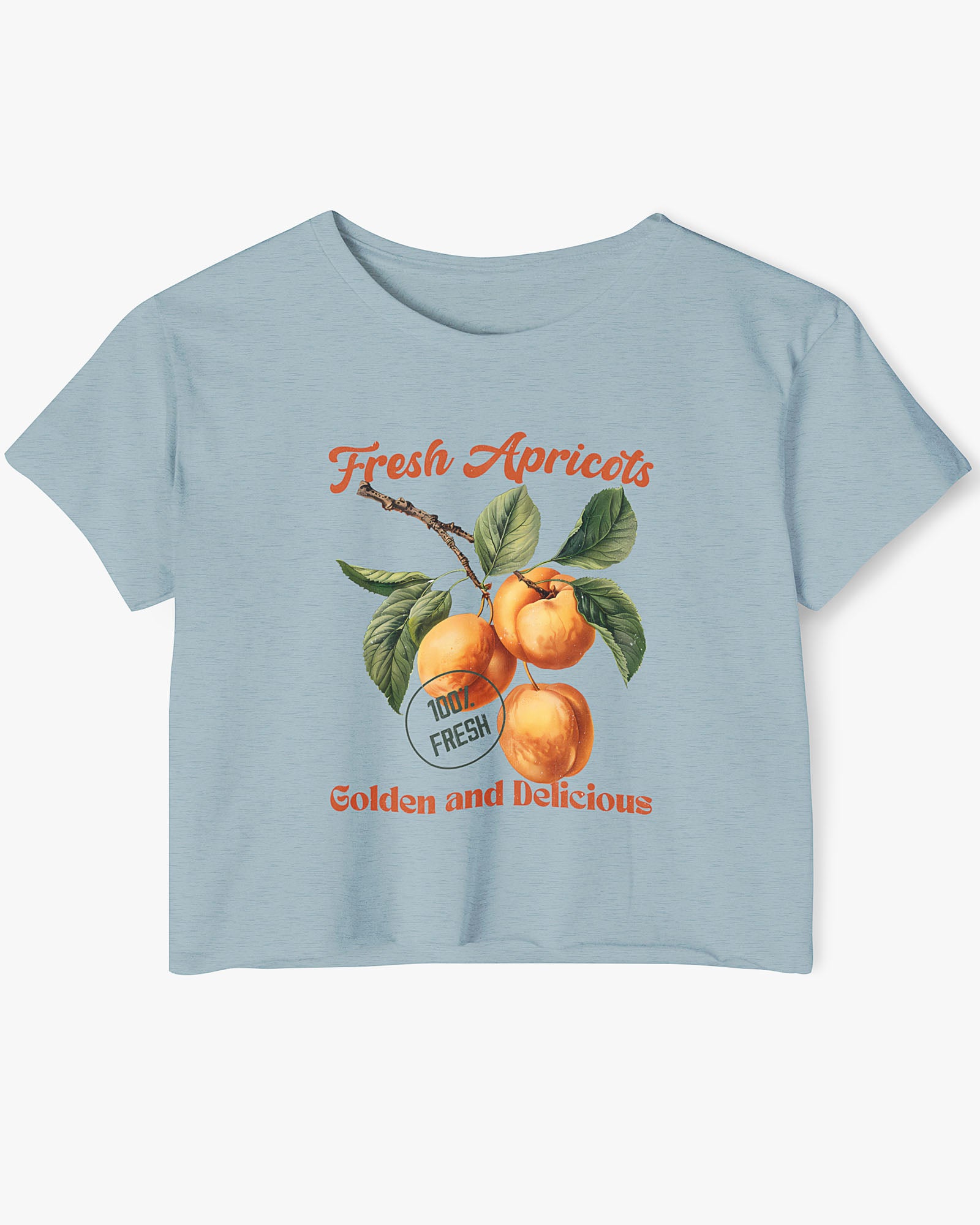 Flat-lay stonewash denim crop top featuring a retro apricots fruit graphic in a vintage commercial style.