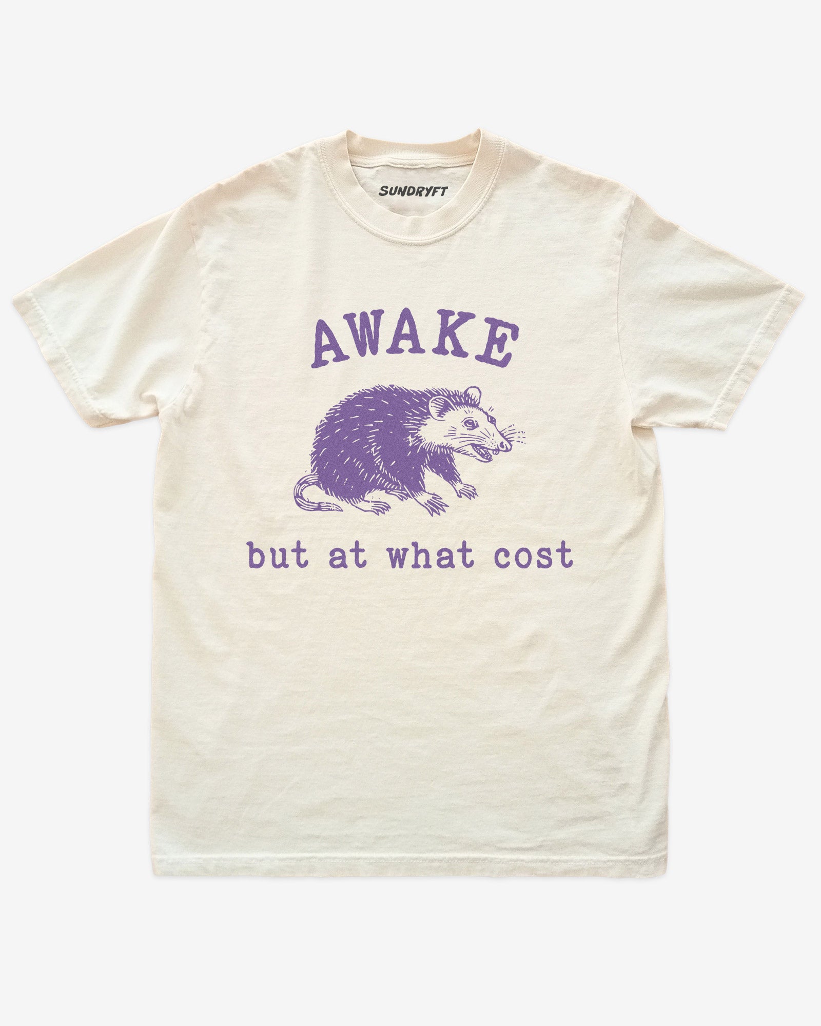 Awake But At What Cost shirt in ivory with funny retro opossum graphic