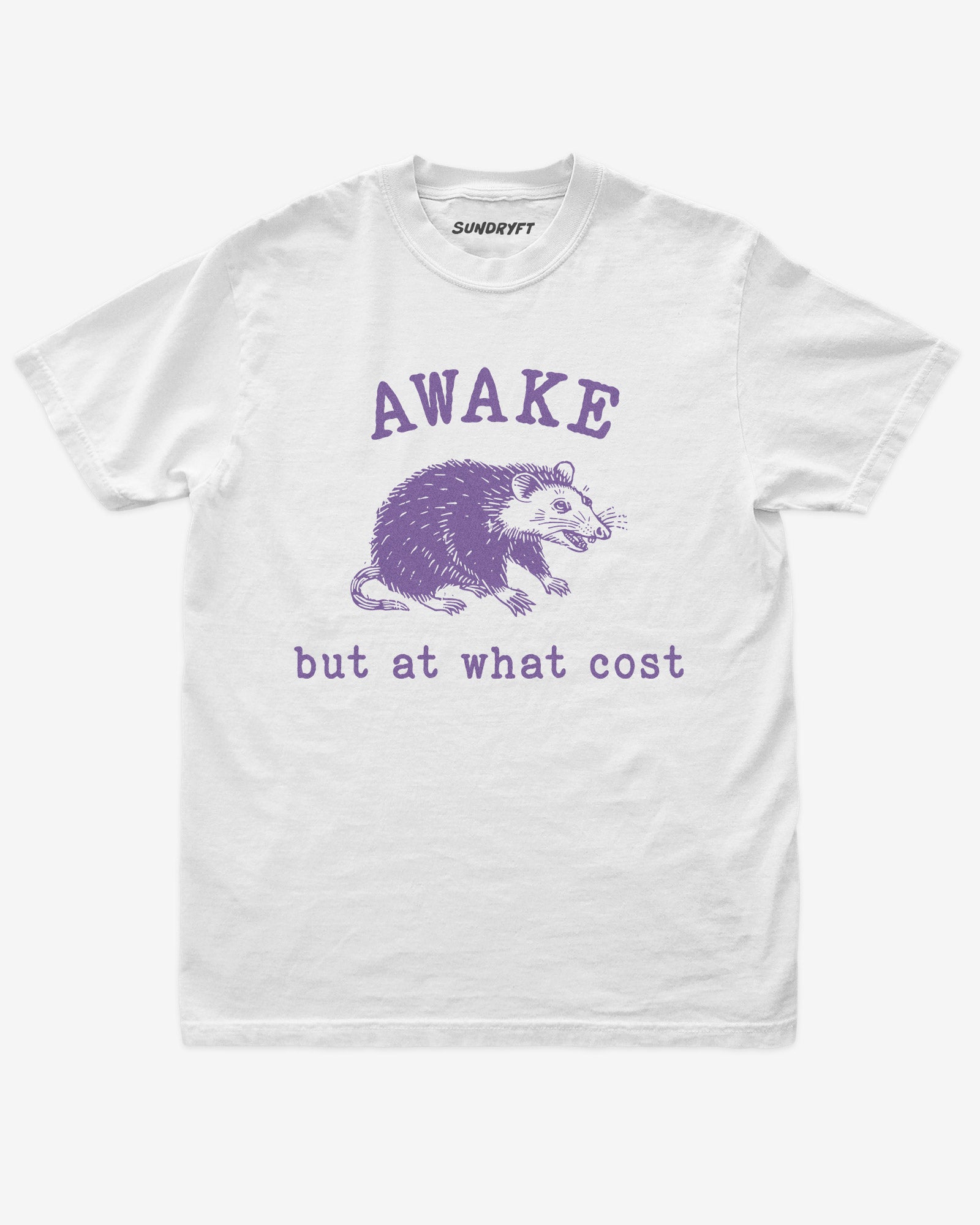 Awake But At What Cost shirt in white with funny retro opossum graphic