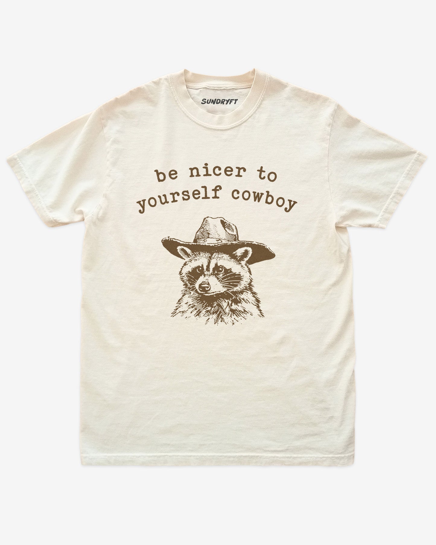 Be Nicer To Yourself Cowboy shirt in ivory with cowboy raccoon graphic