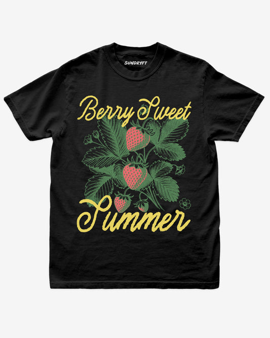 Berry Sweet Summer shirt in black with retro graphic of strawberry plant