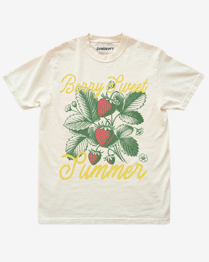 Berry Sweet Summer shirt in ivory with retro graphic of strawberry plant