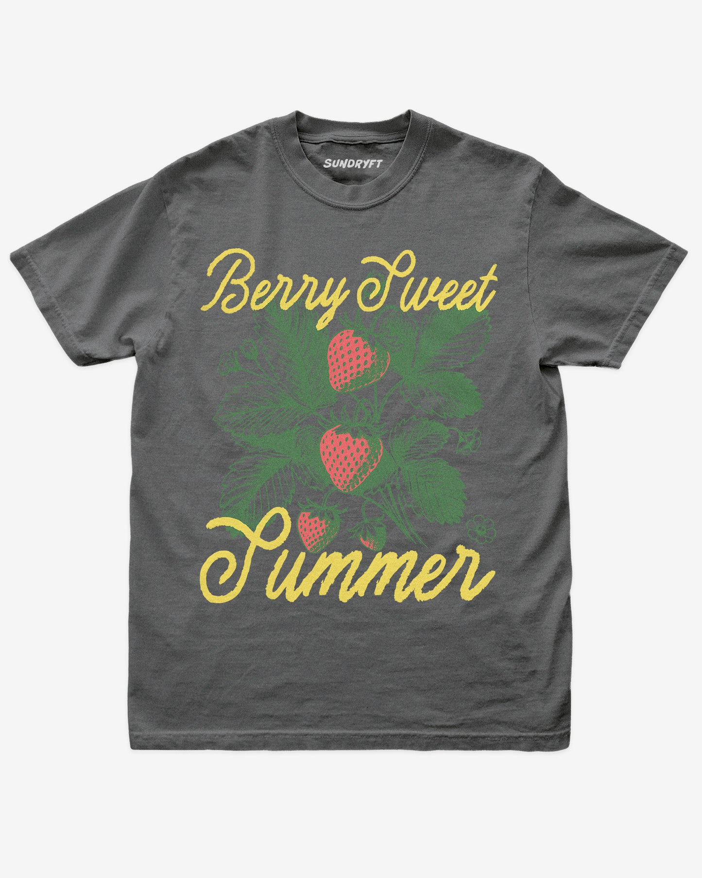 Berry Sweet Summer shirt in pepper with retro graphic of strawberry plant
