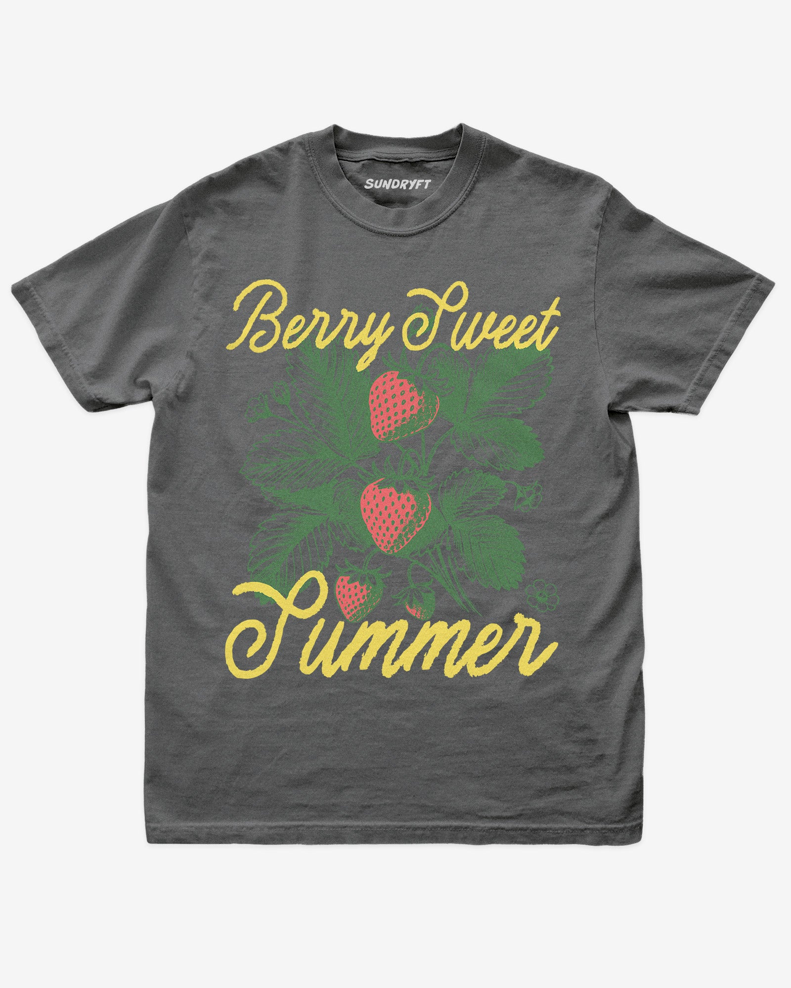 Berry Sweet Summer shirt in pepper with retro graphic of strawberry plant