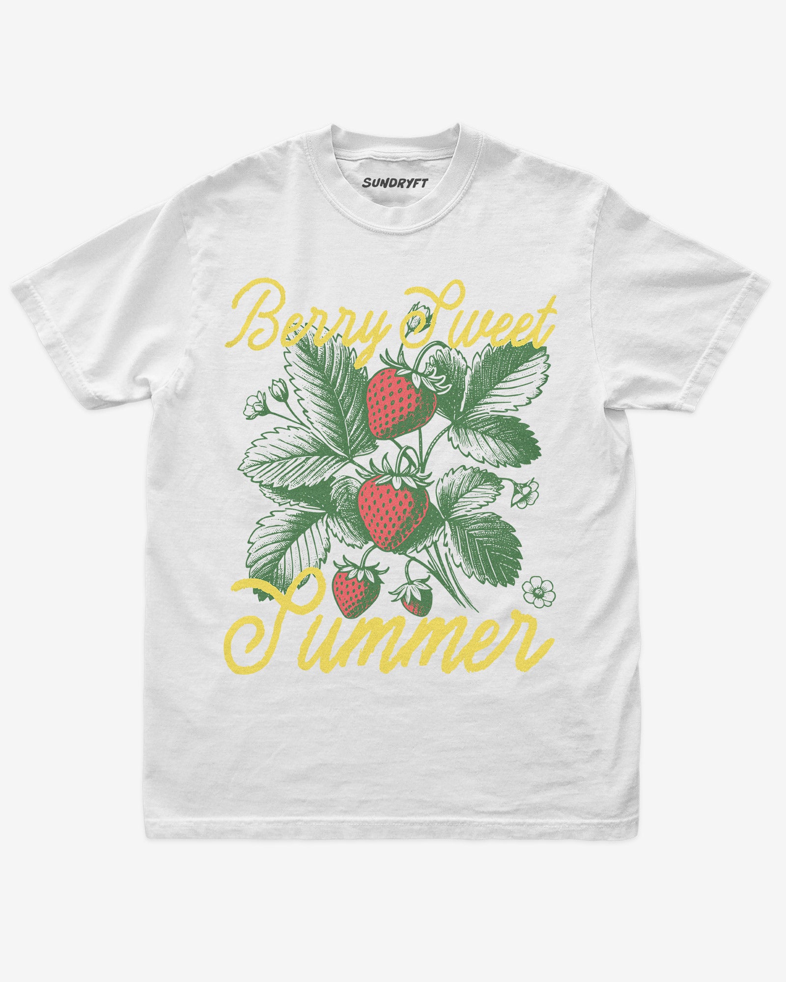 Berry Sweet Summer shirt in white with retro graphic of strawberry plant