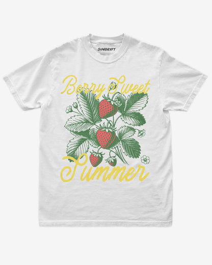 Berry Sweet Summer shirt in white with retro graphic of strawberry plant