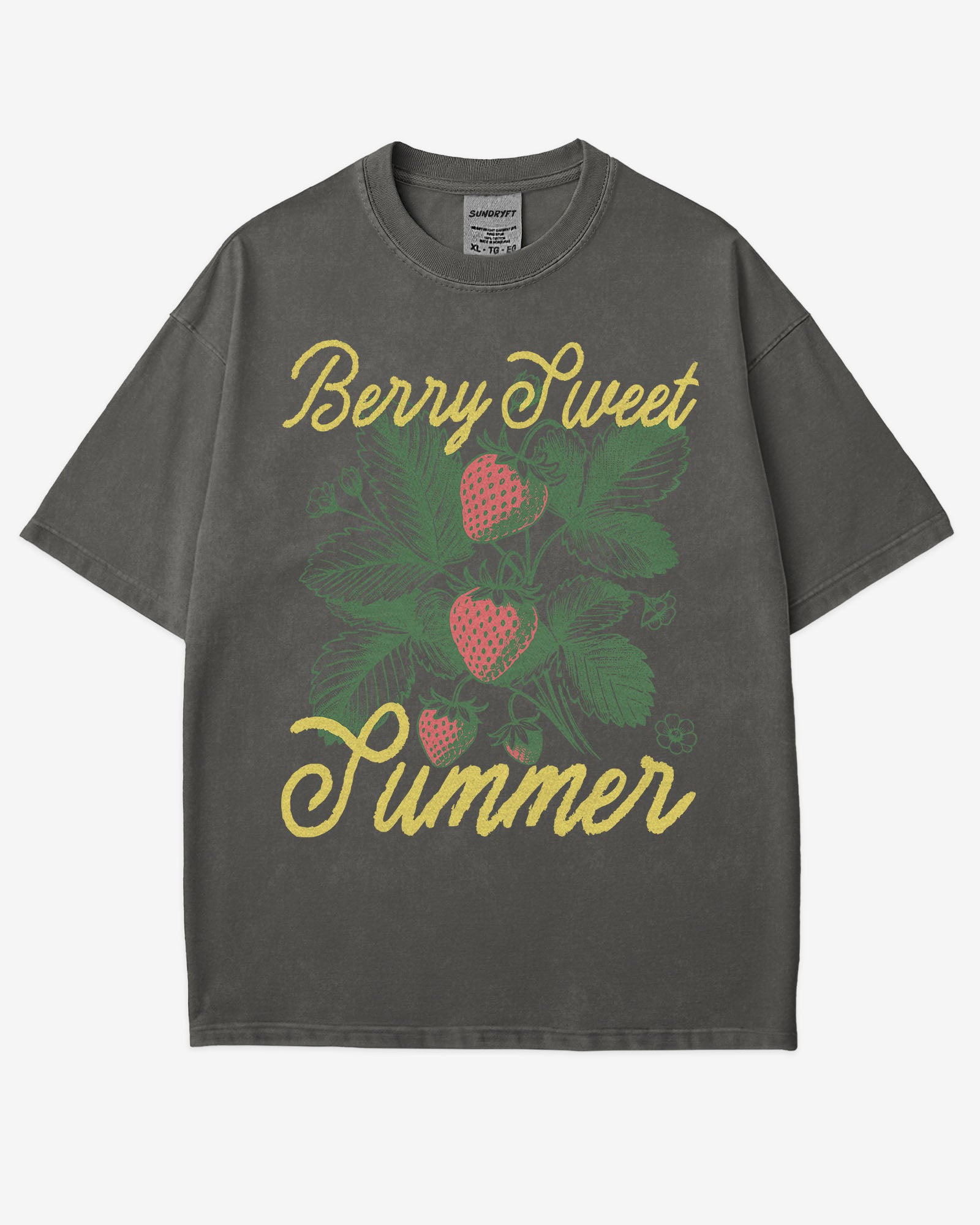 Berry Sweet Summer Shirt in pepper color with vintage faded strawberry graphic on soft retro cotton tee