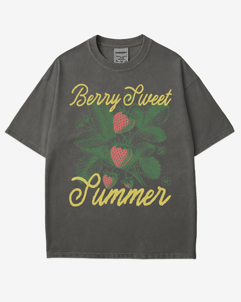 Berry Sweet Summer Shirt in pepper color with vintage faded strawberry graphic on soft retro cotton tee