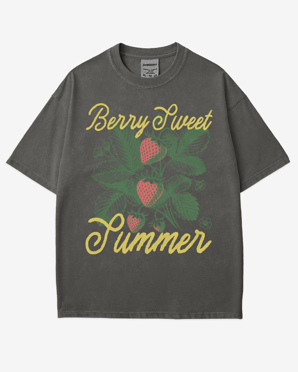 Berry Sweet Summer Shirt in pepper color with vintage faded strawberry graphic on soft retro cotton tee