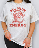 Woman wearing funny Big Nick Energy retro graphic shirt in ash grey color